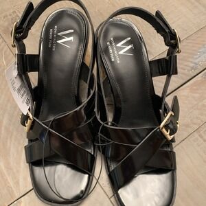 Worthington Size 10 Nelda Black Gold Block Heel Sandals, 023-1079 Classy Casual